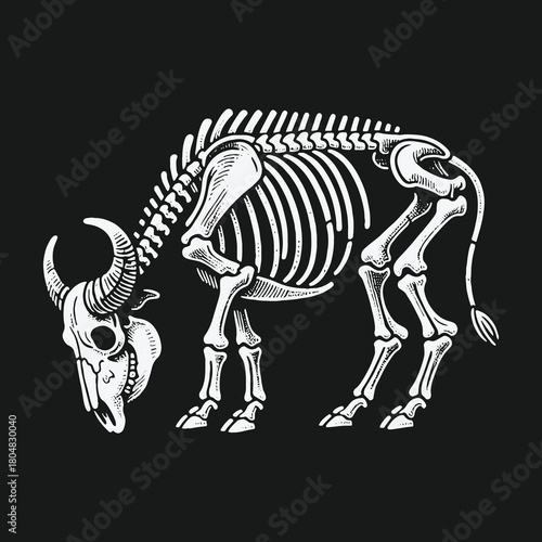 Anatomical illustration of a buffalo skeleton in profile.