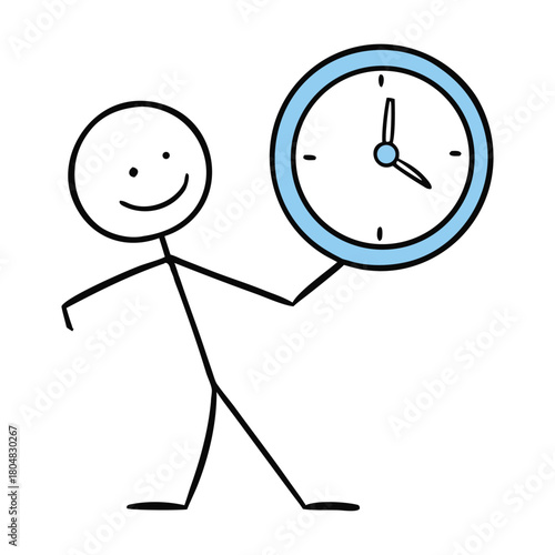 A focused stickman stands beside a large clock, juggling tasks with determination. Simple lines and bold shapes capture the rush of time management in a clean, minimal style.