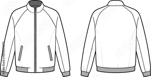 Technical jacket flat sketch, fashion design template, apparel illustration, front and back view, ribbed cuffs, zip closure, welt pockets, garment construction