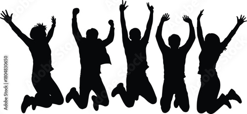 Silhouette of happy group of people jumping together with raised arms, young friends celebrating success isolated on white background