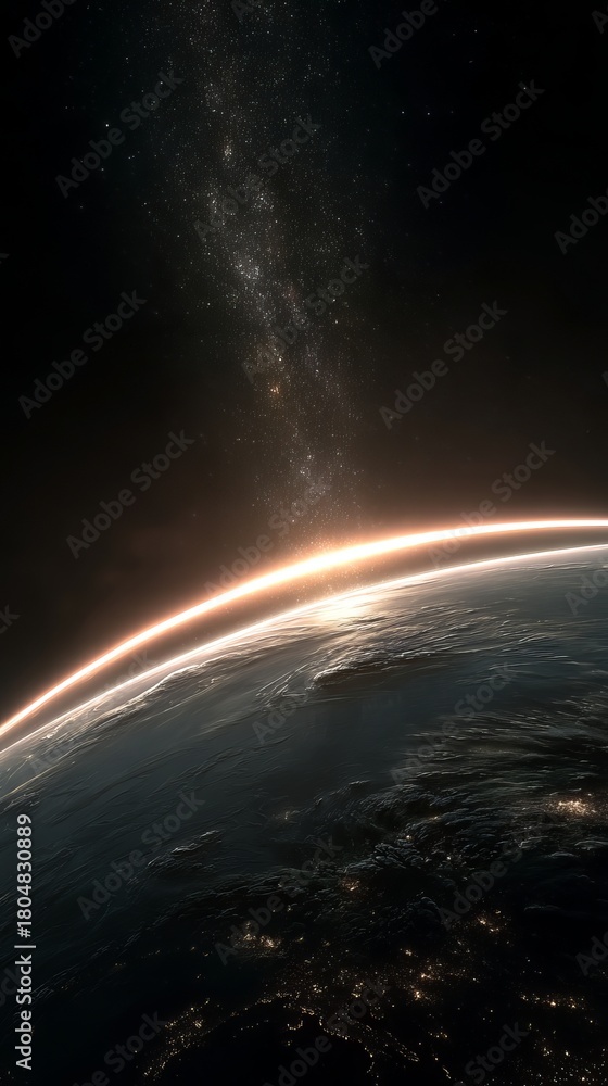 Obraz premium Beautiful Planet Earth View – Realistic Space Landscape Showing Sunlight, Clouds, and Curved Horizon