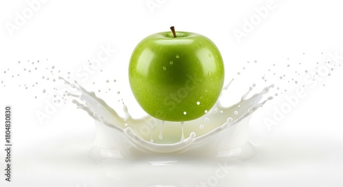 Green apple splashing into white liquid with water droplets