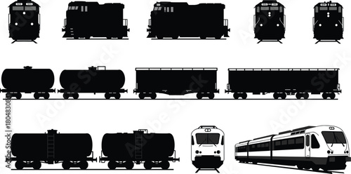 Train silhouette, locomotive front view, tank car, boxcar, flatcar, passenger train, railway vehicle, transport, freight, engine, cargo, rail, steam, diesel, 