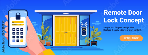 Remote door lock concept smart home security mobile app controlling entrance modern house yellow door plants blue background landing page