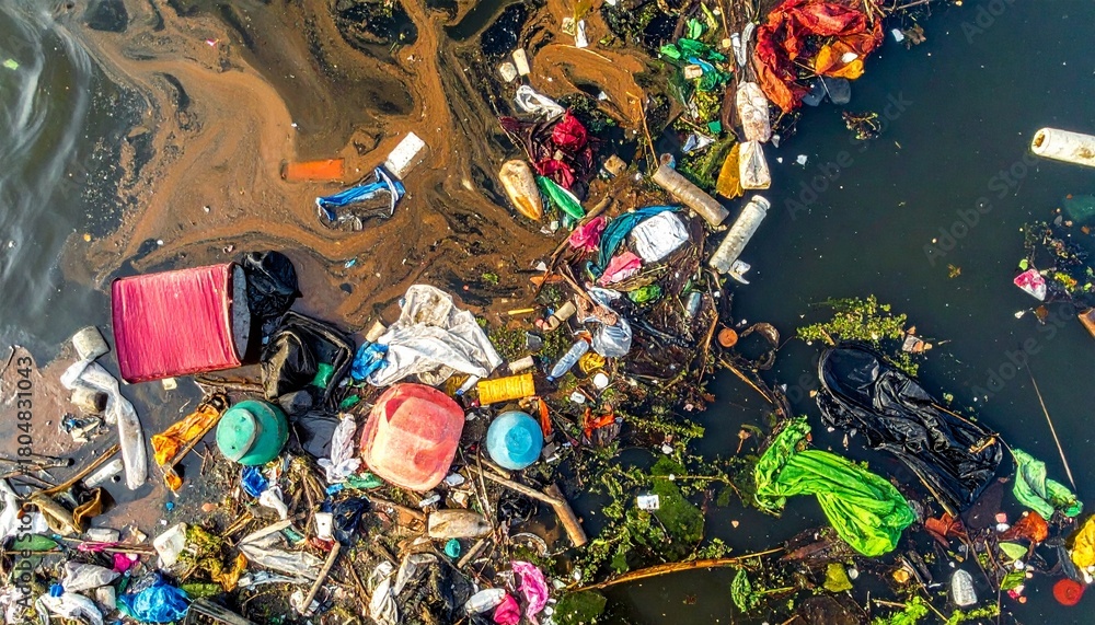 Naklejka premium 汚染された川に浮かぶゴミが環境の悪化を物語る都市の現状