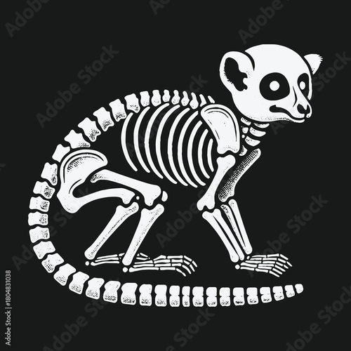 Stylized white lemur skeleton illustration on a solid black background.