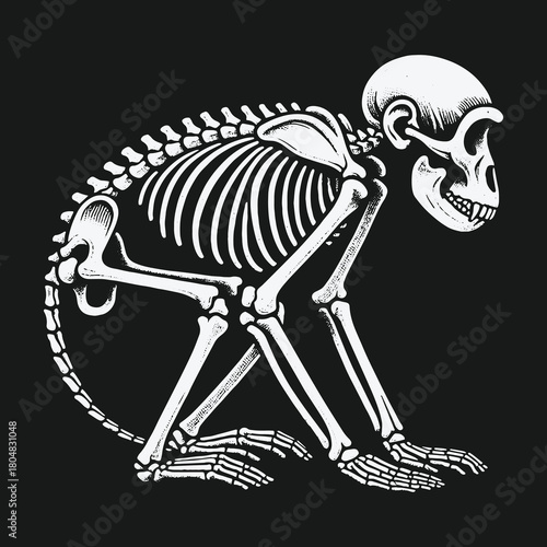 Detailed anatomical illustration of a monkey skeleton in profile.