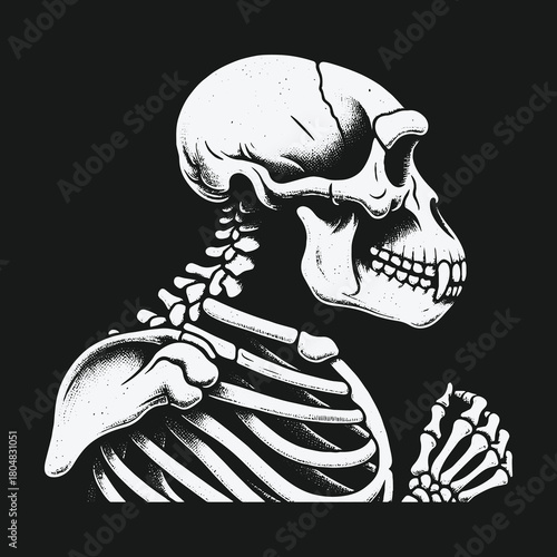 Monochrome graphic illustration of an ancient hominid skeleton.