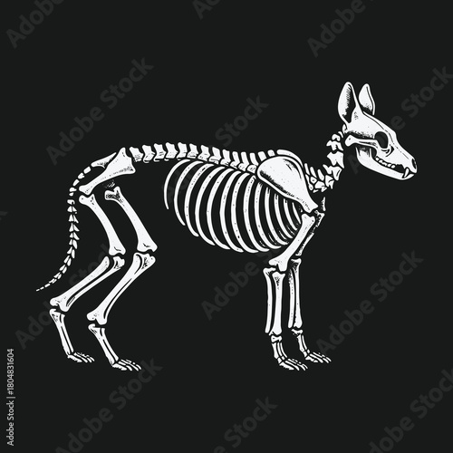 Detailed anatomical illustration of a dog skeleton side view on a black background.