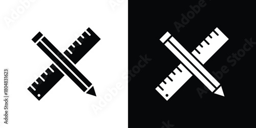Pencil and ruler icons. Black flat icon pack isolated on white background.