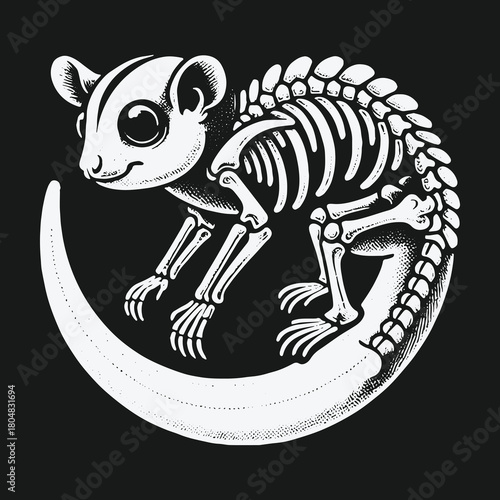 Cute Skeletal Sugar Glider Curled on a Crescent Moon Illustration.