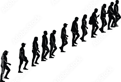 Silhouette of large group of people walking upwards in diagonal line, men and women climbing stairs isolated on white background