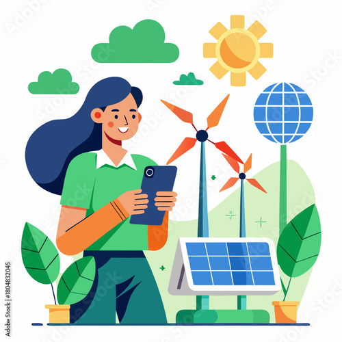 Person with tablet near renewable energy sources wind turbines