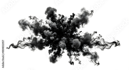 Dramatic black smoke explosion with wispy tendrils against a stark white background scene