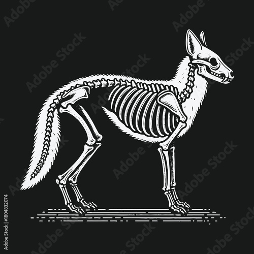 Monochrome anatomical illustration of a fox with visible skeleton.