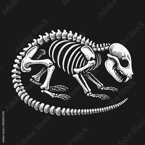 Detailed anatomical illustration of a rodent skeleton on a black background.