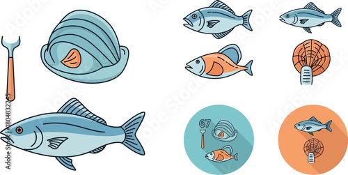 Collection of flat icons representing seafood and fishing tools.