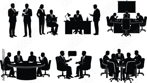 Set of business meeting silhouettes, office people working at desk and conference table isolated on white background