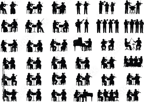 Large set of musician silhouettes playing classical instruments, orchestra performance group with violin, cello and piano isolated on white background