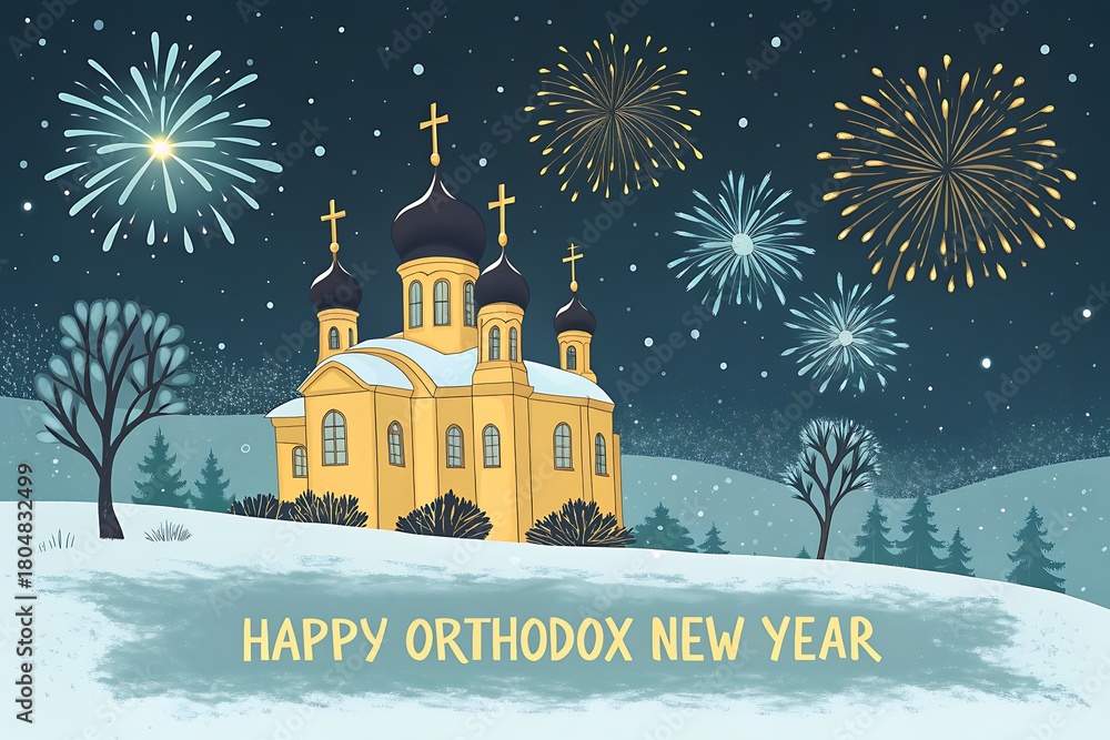 Fototapeta premium Festive Orthodox Church Under Snowy Night Sky With Fireworks For New Year Celebration