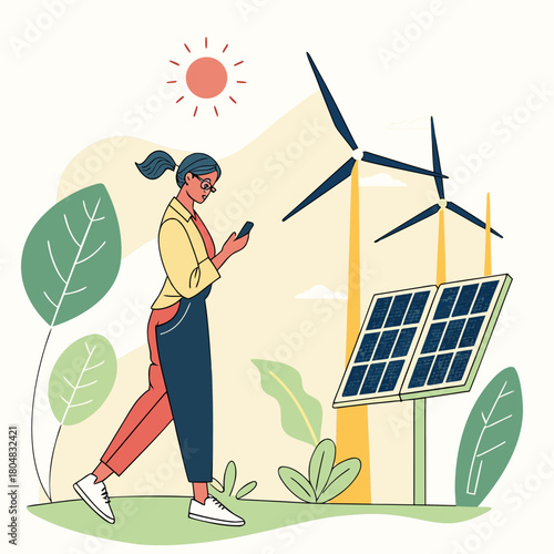 Woman in glasses with smartphone near wind turbines and solar panel