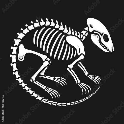 Curled rat skeleton vector graphic on a dark background.