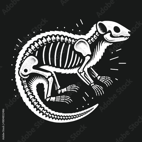 Monochrome illustration of a glowing rodent skeleton anatomy.
