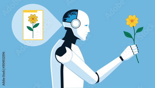 AI humanoid robot looking at a flower and recognizing it