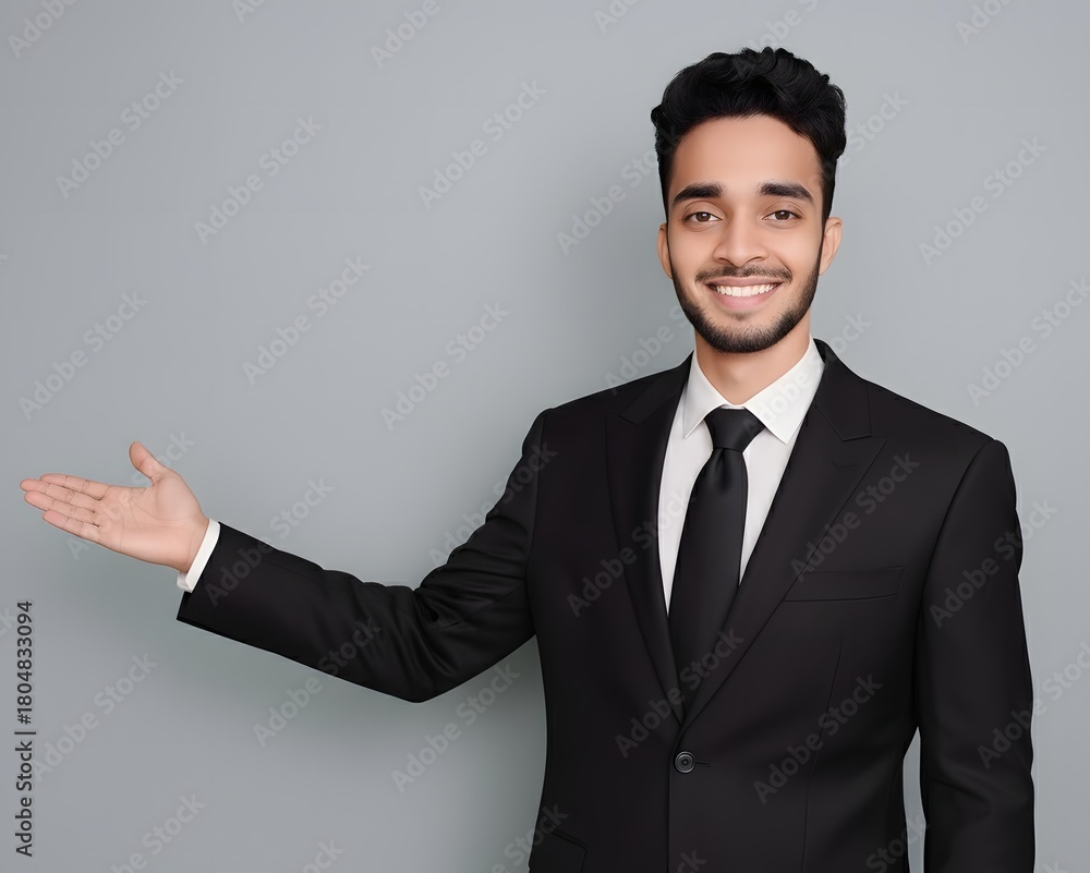 Fototapeta premium Smiling young businessman in suit making presentation gesture