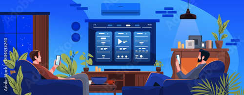 Home entertainment smart TV streaming interface people relaxing on couches using smartphones modern living room night scene plants decor