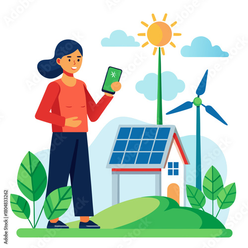 Woman uses smartphone with renewable energy sources