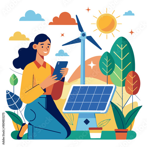 Woman using phone near solar panel and wind turbine Keywords: renewable energy, solar power, wind