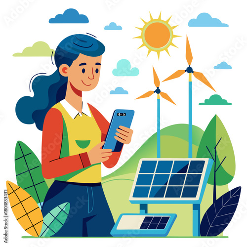 Woman using smartphone with solar panels and wind turbines