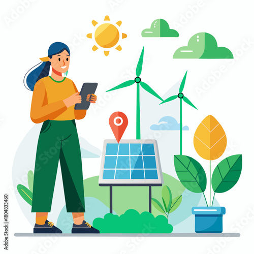 Woman using tablet near solar panel and wind turbines