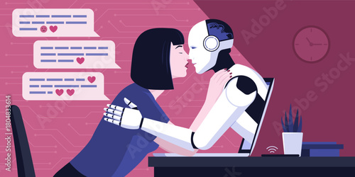 Woman kissing her AI virtual companion