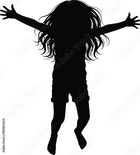 Silhouette of happy little girl jumping high in the air with long hair and open arms isolated on white background