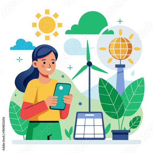 Woman using tablet with solar panels and wind turbine