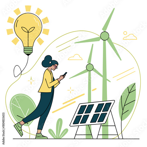 Woman with flower in hair checks phone near lightbulb and wind turbines