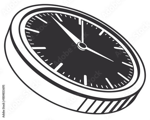 A black and white illustration of a clock face with hands pointing to the time