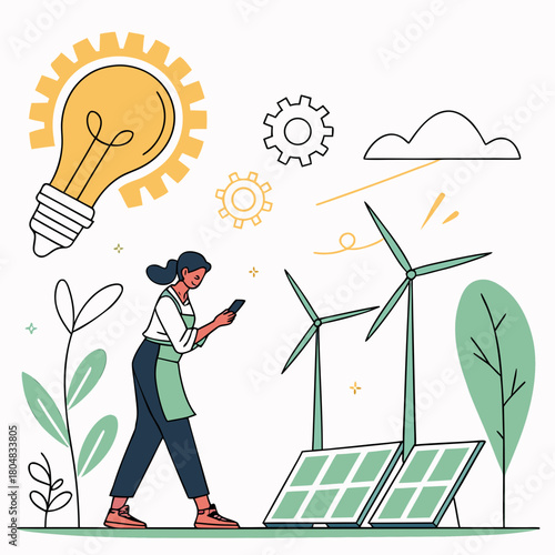 Woman with lightbulb, gears, and renewable energy solar panel