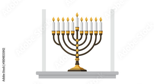 Golden menorah glows in window light