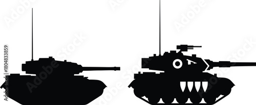 Set of two army tank silhouettes, modern war machine and stylized gaming vehicle vector illustration side view isolated on white.