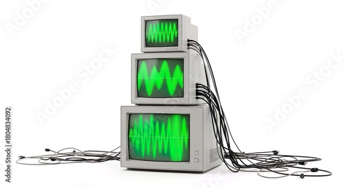 Stacked CRT Monitors With Green Screen On White Background