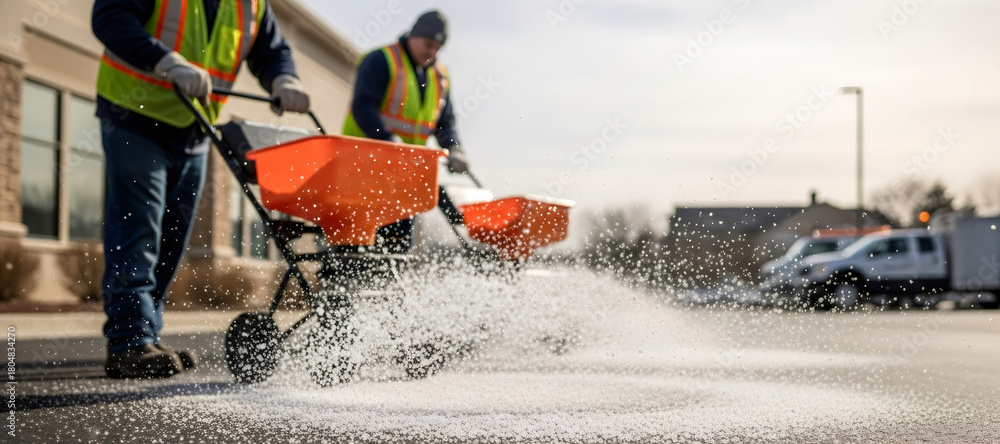 Naklejka premium Two men in safety vests spreading ice melt on pavement with push spreaders to prevent slipping during winter weather. Banner with copy space