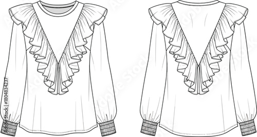 Women's ruffle blouse technical fashion illustration, vector flat sketch with V-shaped flounce detail and smocked cuffs front and back view.