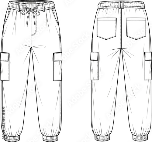Cargo jogger pants technical fashion illustration, vector flat sketch with side flap pockets and elastic cuffs front back view.
