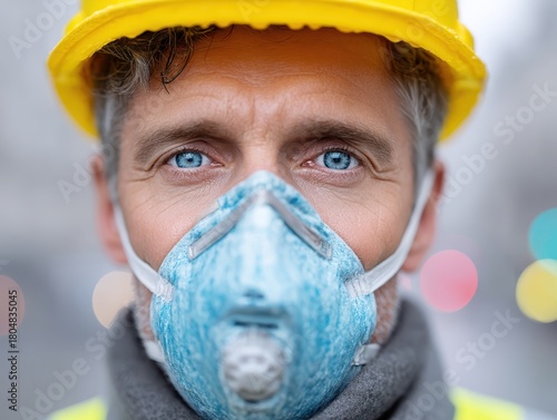 Close-up of a person with blue eyes wearing a yellow helmet and blue face mask. The background is blurred with soft bokeh lights, focusing on safety and health equipment