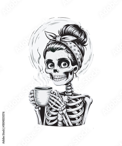 Skeleton Woman Steaming Coffee
