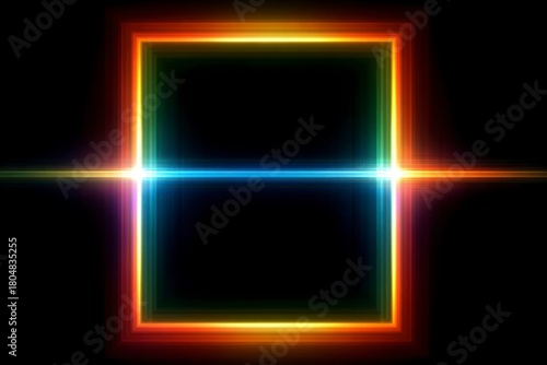 abstract light beams in rainbow colors, creating a square frame on a black background.