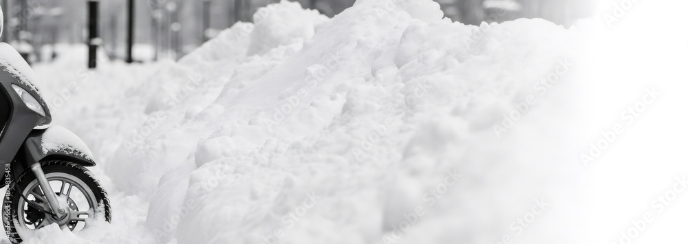 Obraz premium Headlight of a partially visible scooter covered in snow, stuck in a deep snowdrift on a snowy street in winter, for transport concept. Banner with copy space